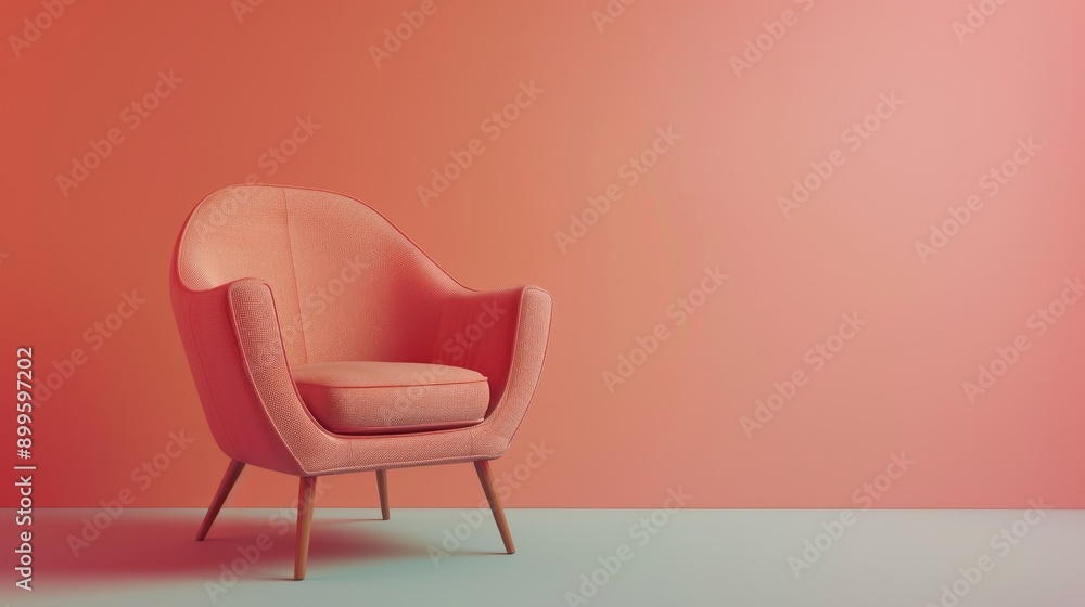 Obraz premium A single pink armchair sits in a room with pink walls. The chair has a curved back and a soft, inviting appearance.