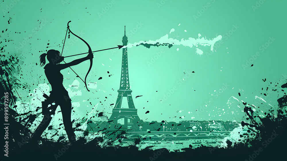 Archery with Water Guns: Silhouette of an archer shooting a water gun with the Eiffel Tower in the background on a teal background.
Archery with Water Guns: Silhouette of an archer shooting a water gun with the Eiffel Tower in the background on a teal background.