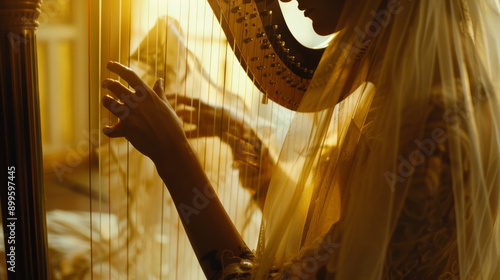 Silhouetted figure elegantly playing a harp, bathed in warm, golden light, evoking a sense of serenity and timeless beauty.