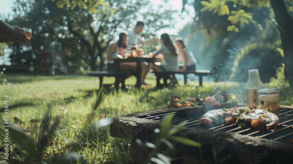 A backyard barbecue scene with grilled food in the foreground, while family and friends enjoy a meal together in the dappled sunlight. A backyard barbecue scene with grilled food in the foreground, while family and friends enjoy a meal together in the dappled sunlight.