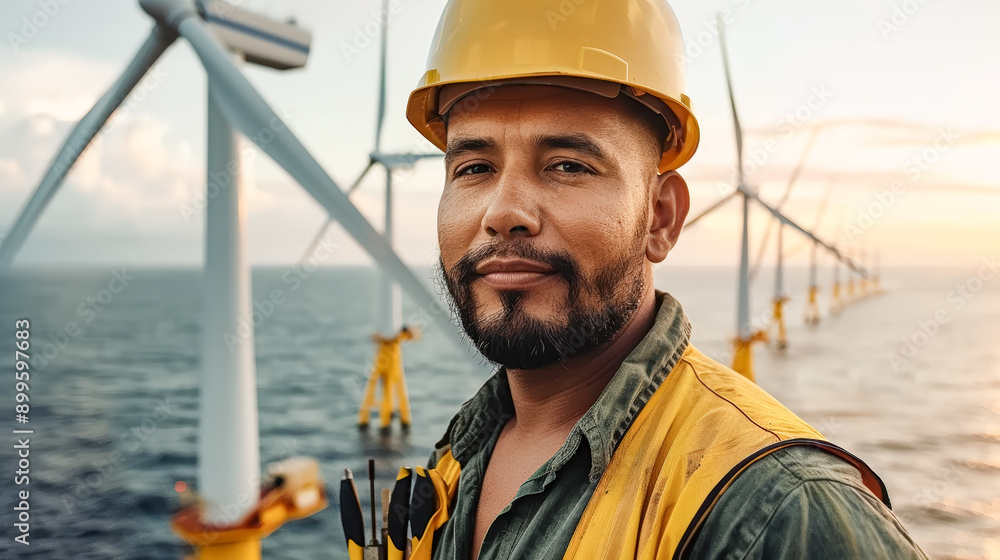 Offshore Wind Energy Engineer Dedicated professional wearing protective gear and helmet standing amidst large wind turbines over the ocean symbolizing renewable energy and sustainable technology Offshore Wind Energy Engineer Dedicated professional wearing protective gear and helmet standing amidst large wind turbines over the ocean symbolizing renewable energy and sustainable technology