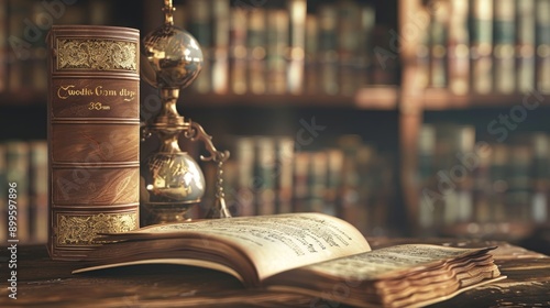 An antique book lies open on a wooden table, with an old hourglass and a leather-bound volume in the background.  The scene evokes a sense of history and knowledge. photo