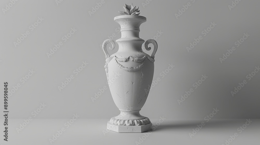 Elegant white ceramic vase with intricate design and two handles on a white background.
