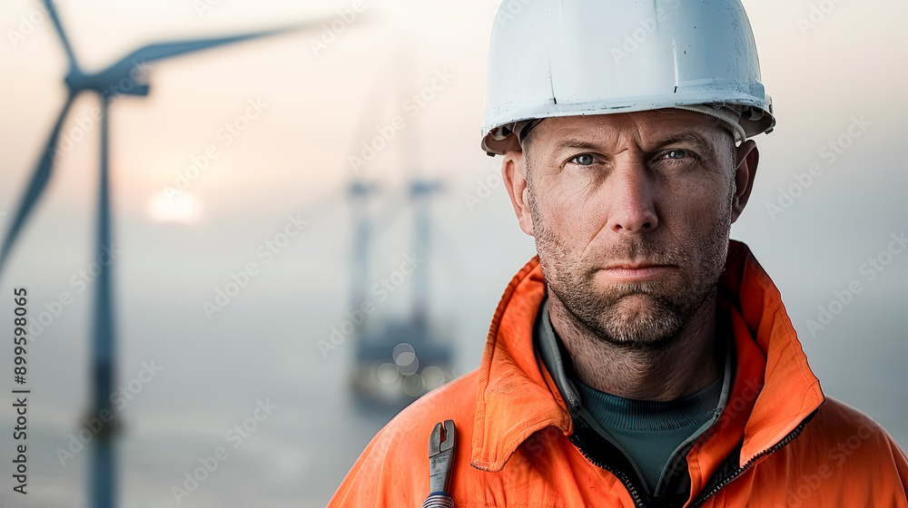 Offshore Wind Energy Engineer Dedicated professional wearing protective gear and helmet standing amidst large wind turbines over the ocean symbolizing renewable energy and sustainable technology Offshore Wind Energy Engineer Dedicated professional wearing protective gear and helmet standing amidst large wind turbines over the ocean symbolizing renewable energy and sustainable technology