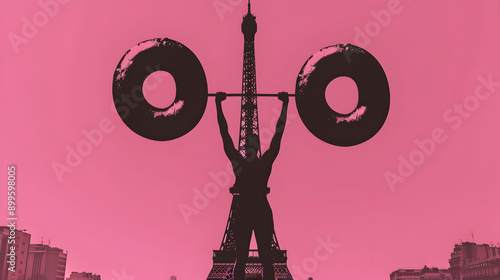 Weightlifting with Giant Donuts: Silhouette of a weightlifter lifting giant donuts with the Eiffel Tower in the background on a pastel pink background.


 photo