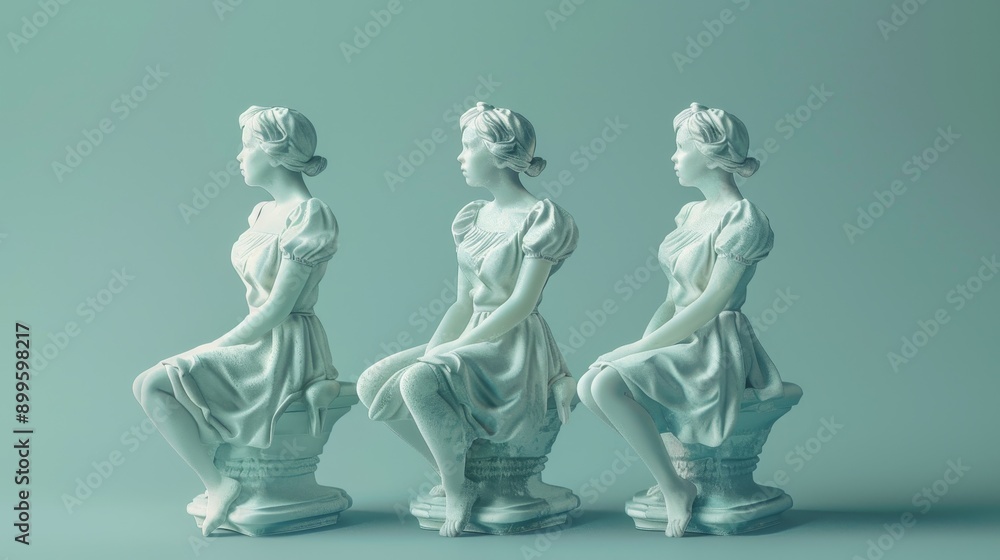 Obraz premium Three identical white statues of women in dresses, sitting side-by-side against a blue background.