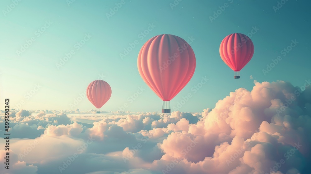 Fototapeta premium Three red hot air balloons float above fluffy clouds in a serene blue sky.