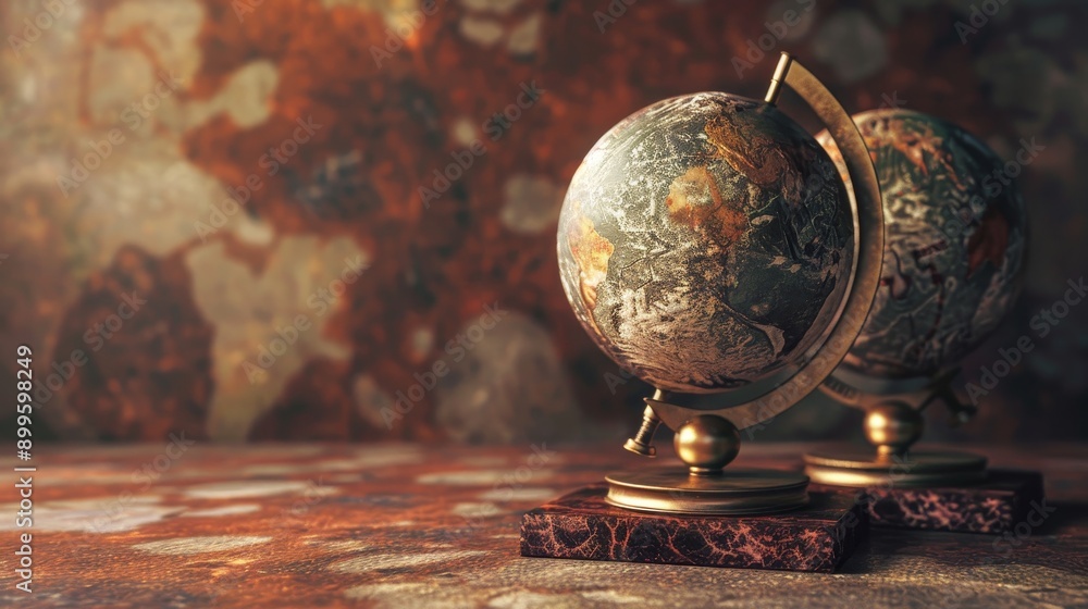 Two antique globes on a wooden table with a blurred background of an old map. Two antique globes on a wooden table with a blurred background of an old map.