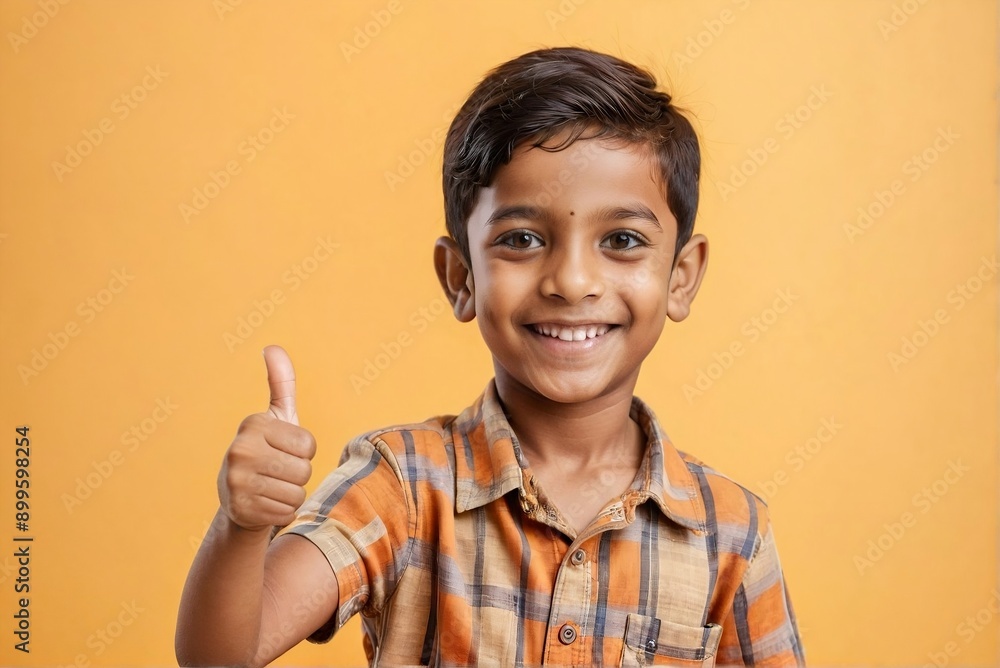 Indian small boy giving thumbs up against yellow-orange background with copy space Indian small boy giving thumbs up against yellow-orange background with copy space