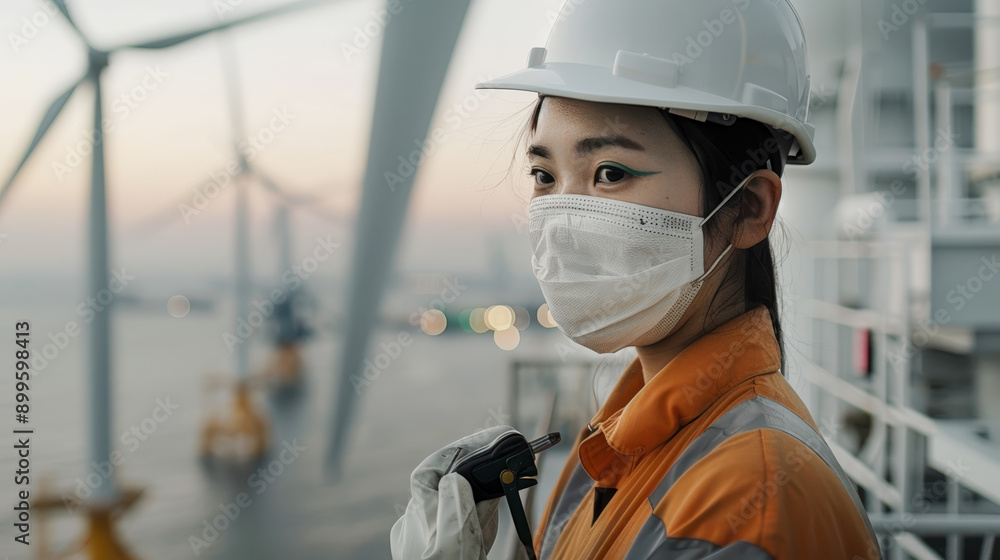 Offshore Wind Energy Engineer Dedicated professional wearing protective gear and helmet standing amidst large wind turbines over the ocean symbolizing renewable energy and sustainable technology Offshore Wind Energy Engineer Dedicated professional wearing protective gear and helmet standing amidst large wind turbines over the ocean symbolizing renewable energy and sustainable technology