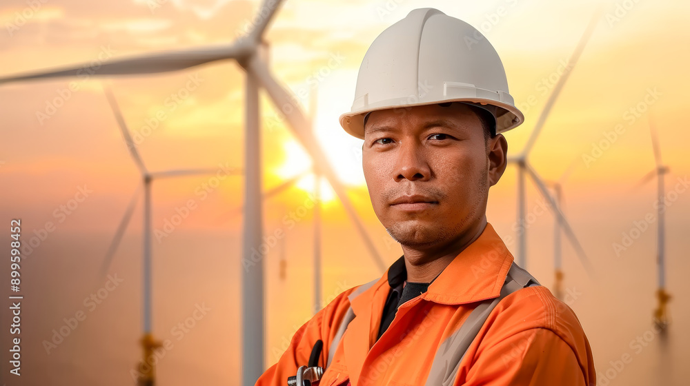 Offshore Wind Energy Engineer Dedicated professional wearing protective gear and helmet standing amidst large wind turbines over the ocean symbolizing renewable energy and sustainable technology Offshore Wind Energy Engineer Dedicated professional wearing protective gear and helmet standing amidst large wind turbines over the ocean symbolizing renewable energy and sustainable technology
