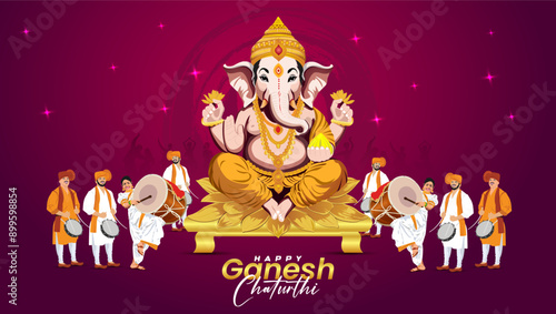 Indian Religious Festival Ganesh Chaturthi Template Design of Lord Ganpati background with marron colour with pink star  Dancing ladies marathi dance  musical instrument like dhol tasha