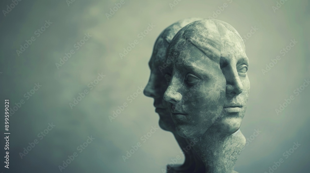 Abstract sculpture of a human head with multiple faces, symbolizing duality, identity, and perception. Abstract sculpture of a human head with multiple faces, symbolizing duality, identity, and perception.