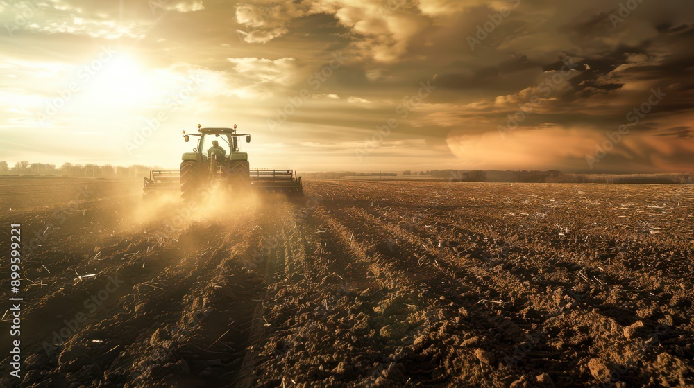 Fototapeta premium tractor plowing field during harvest outdoors, industrial mood