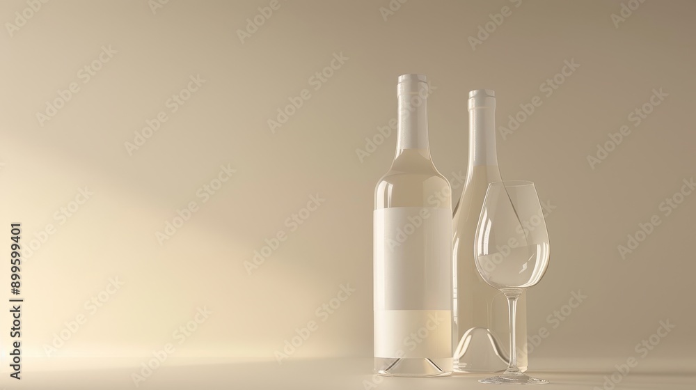 Two wine bottles and a wine glass stand against a warm, neutral background. A ray of light illuminates the scene. Two wine bottles and a wine glass stand against a warm, neutral background. A ray of light illuminates the scene.
