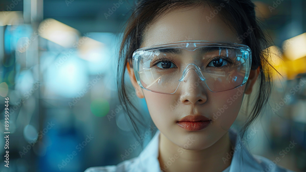 Portrait of an Asian woman engineer, safety goggles on, controlling factory processes via monitor, Portrait of an Asian woman engineer, safety goggles on, controlling factory processes via monitor,