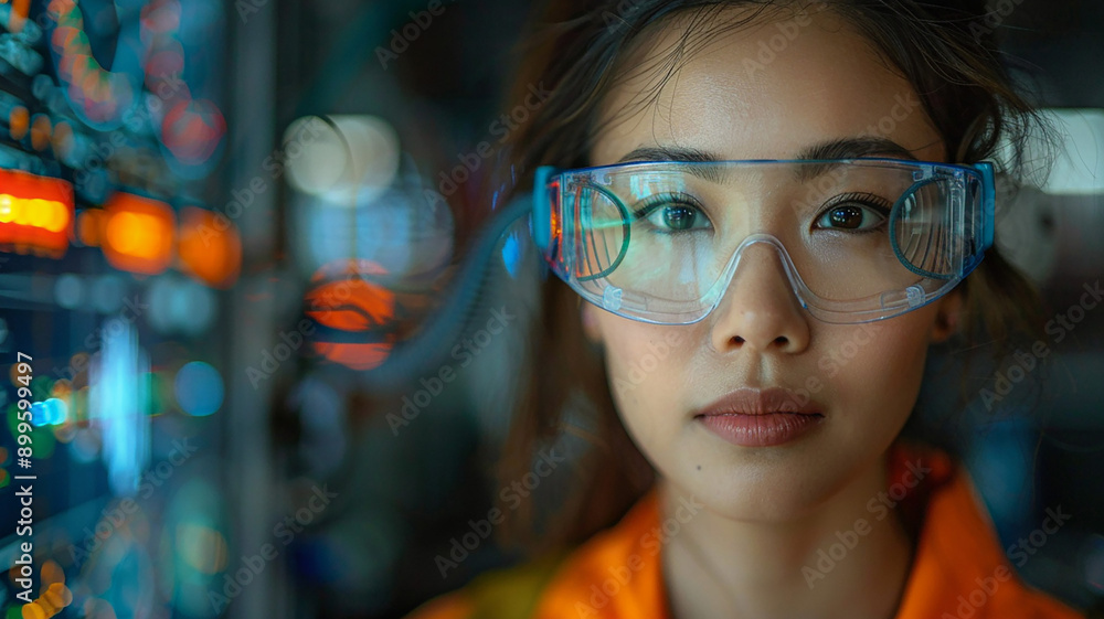 Portrait of an Asian engineer woman, wearing goggles, overseeing screen process control in factory, Portrait of an Asian engineer woman, wearing goggles, overseeing screen process control in factory,