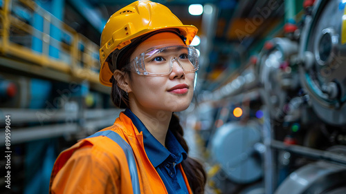 Asian woman in engineering uniform, controlling monitor screen process in industrial environment,