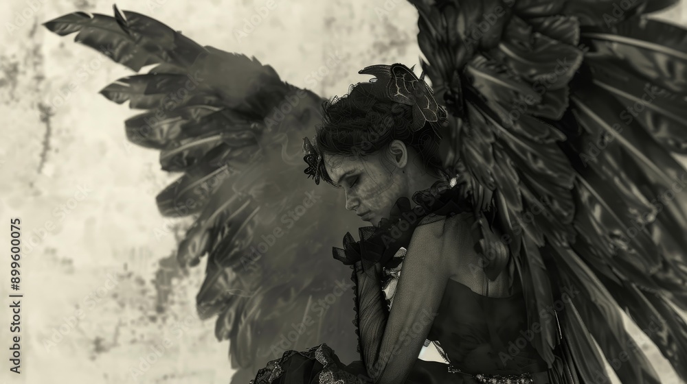 Fototapeta premium A shadowy figure with large wings, shrouded in darkness and mystery. The image evokes a sense of sorrow and introspection.