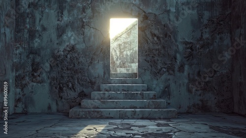 A ray of light shines through a doorway in a crumbling, abandoned building. Photo depicts hope, rebirth and new beginnings.