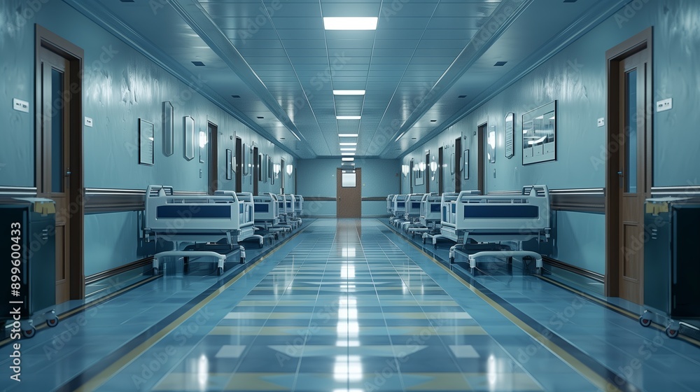 Fototapeta premium Empty hospital corridor with beds. 3d rendering. Blurred background.