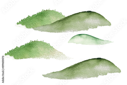 Collection of watercolor green mountains and hills, landscape constructor for landscape design. Watercolor illustration hand drawn