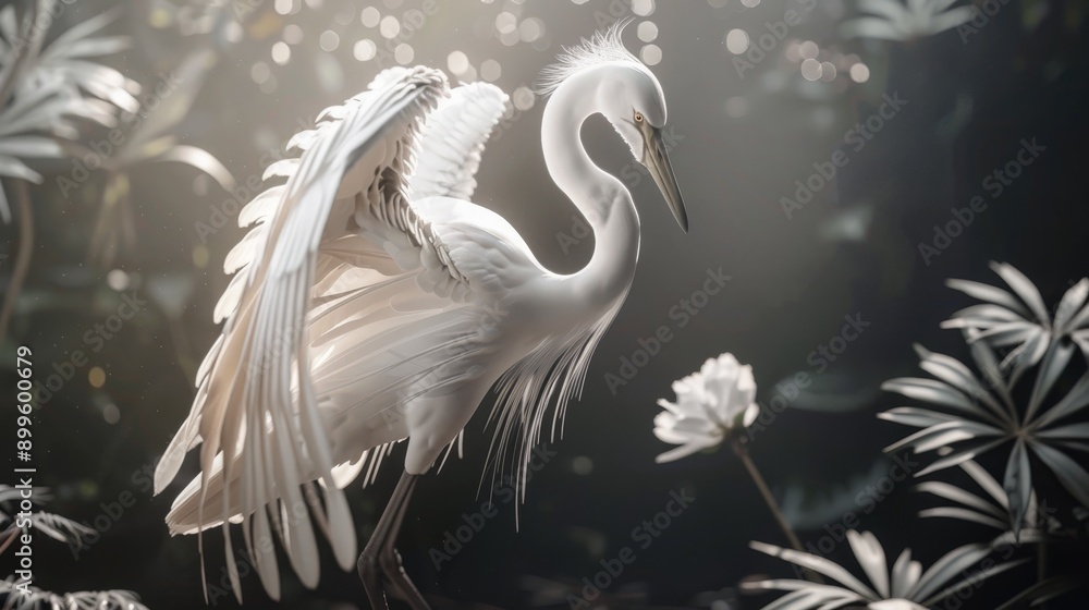 Fototapeta A white egret with wings spread stands in a lush green forest, bathed in soft sunlight.