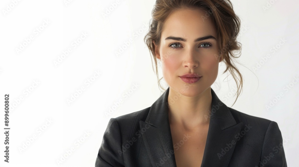 Confident Professional Woman in Dark Grey Suit Portraying Serenity and Clarity on White Background Confident Professional Woman in Dark Grey Suit Portraying Serenity and Clarity on White Background