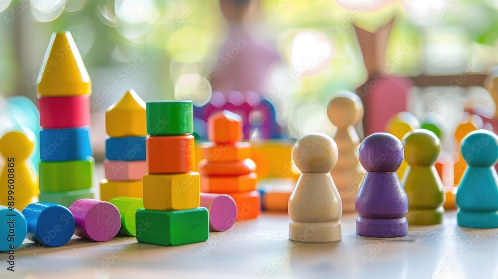 Children s development through colorful wooden figures and bricks on a white table Children s development through colorful wooden figures and bricks on a white table