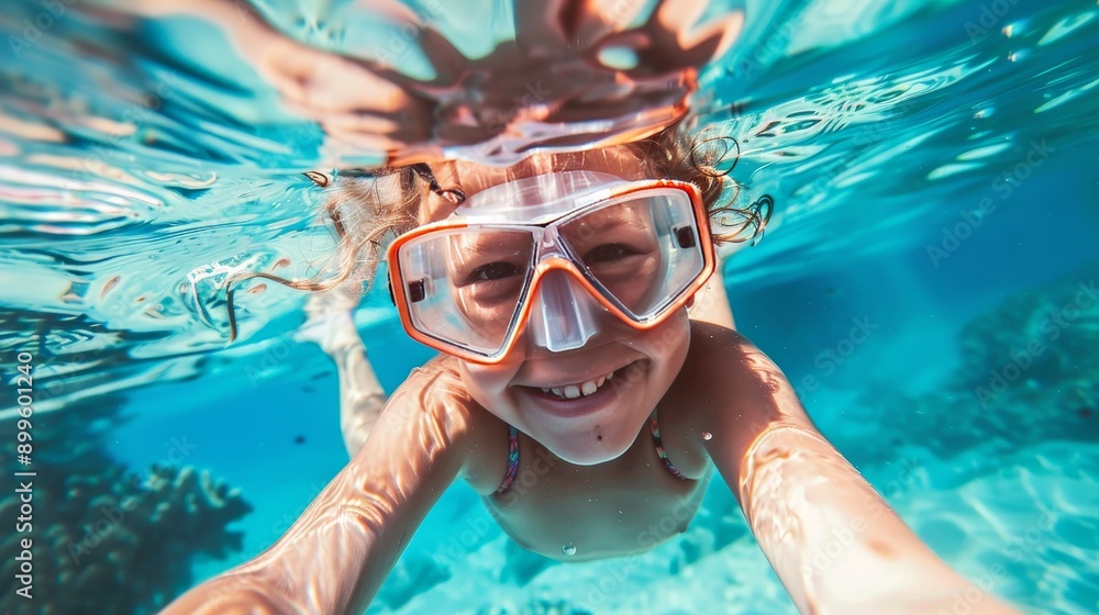 Naklejka premium Active child in snorkeling mask diving to explore vibrant tropical fishes in a beautiful coral reef sea pool. Exciting swimming activity on summer beach vacation creating unforgettable memories