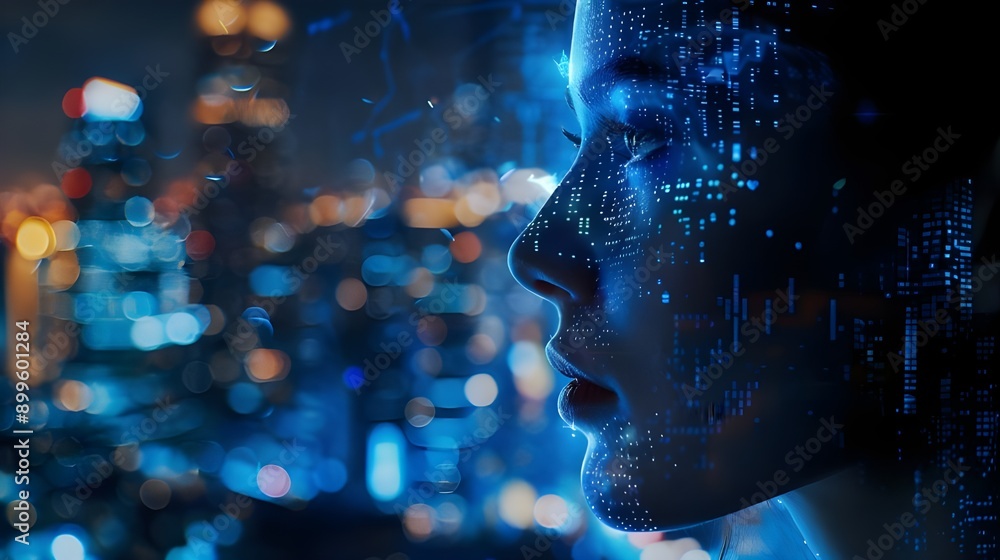 A serene, contemplative face overlaid with a neon-lit cityscape, reflecting deep, introspective thoughts mingled with the vibrancy of urban night life. A serene, contemplative face overlaid with a neon-lit cityscape, reflecting deep, introspective thoughts mingled with the vibrancy of urban night life.