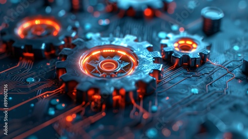 Glowing Cogs on a Circuit Board