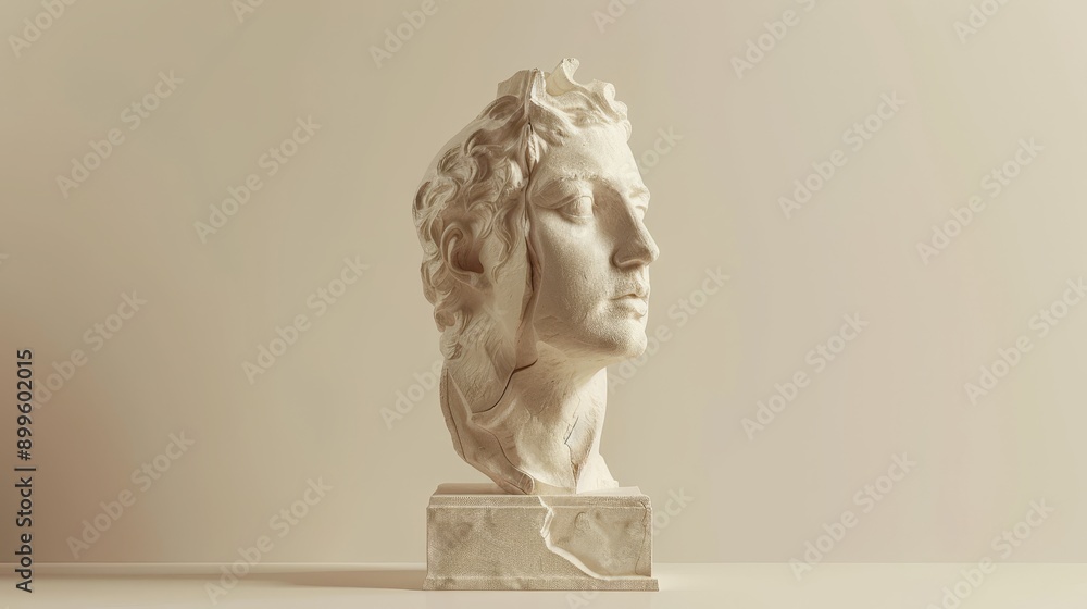 A white plaster bust of a man's head, viewed from the side, on a white pedestal against a white background. A white plaster bust of a man's head, viewed from the side, on a white pedestal against a white background.