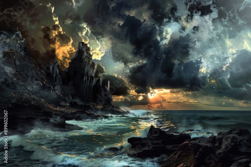 Dark Stormy Sea with Towering Rocky Cliff and Crashing Waves