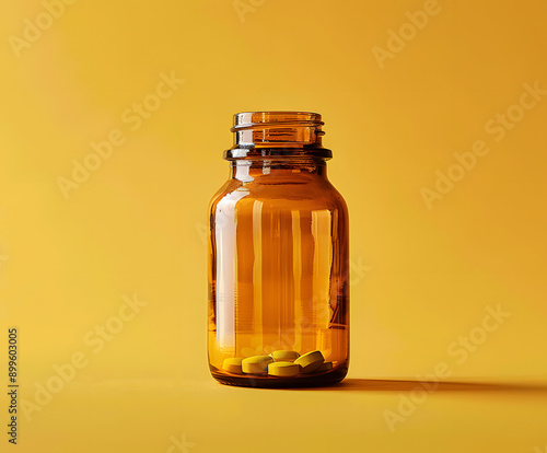 Product Photography of Brown Glass Vitamin Bottle on Yellow FCB006 Background