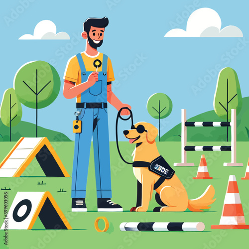 illustration of a guide dog in training with a trainer in a park setting
