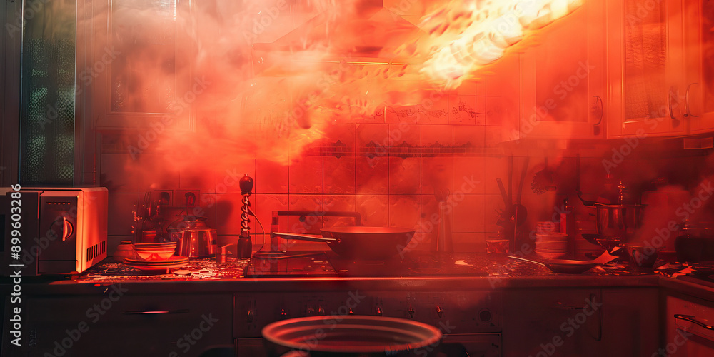 A kitchen fire, a pan left unattended setting off the smoke alarm and filling the room with smoke A kitchen fire, a pan left unattended setting off the smoke alarm and filling the room with smoke