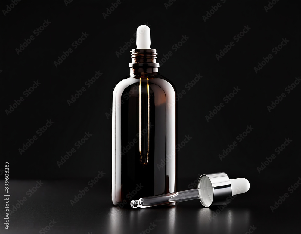 Cosmetic bottle with pipette and dropper on black background. Cosmetic bottle with pipette and dropper on black background.