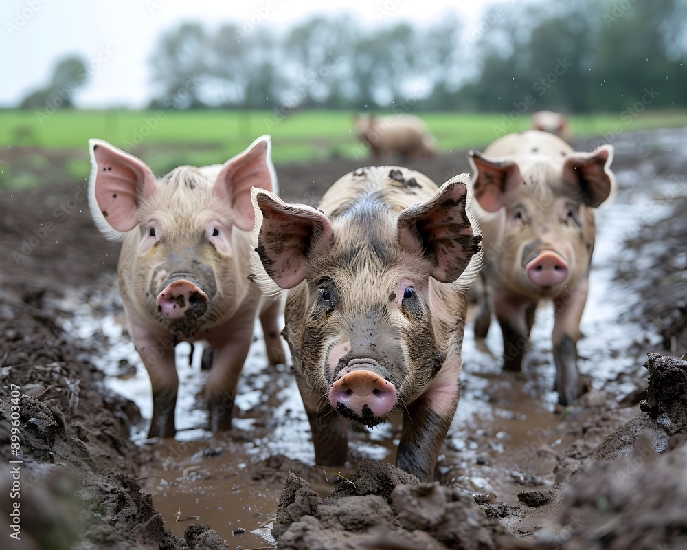 Joyful Pigs Playing in the Mud Showcasing Healthy in a Natural Rural Setting Joyful Pigs Playing in the Mud Showcasing Healthy in a Natural Rural Setting
