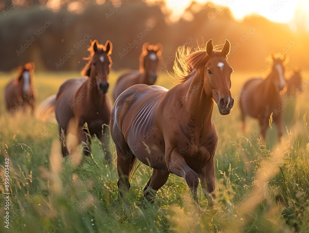 Majestic Herd of Horses Running Through Grassy Field at Sunrise Majestic Herd of Horses Running Through Grassy Field at Sunrise