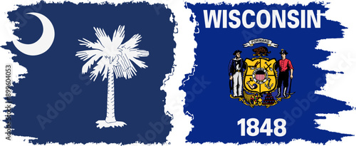 Wisconsin and South Carolina states grunge brush flags connection, vector