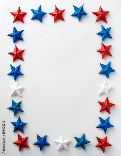 Red, white and blue stars in rectangle shape on white, Independence day, USA patriotic. America
