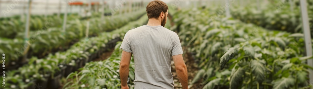 A man walking through a lush greenhouse, surrounded by vibrant plants, showcasing dedication to sustainable agriculture.