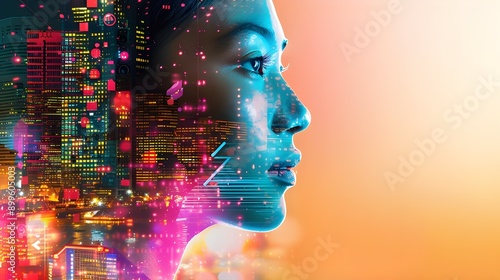 A profile view of a female face with bright and colorful digital patterns, symbolizing connectivity and digital identity.