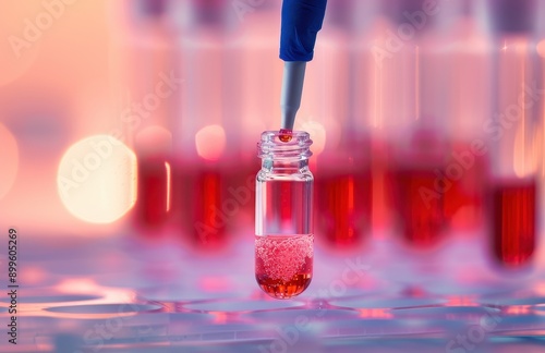 Closeup of laboratory pipette filling vial with red liquid in science lab photo