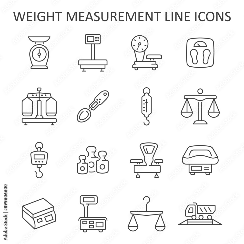 Weight measurement device line icon. Vector collection with electronic and mechanical scales, weights, weigher, industrial scales. Weight measurement device line icon. Vector collection with electronic and mechanical scales, weights, weigher, industrial scales.