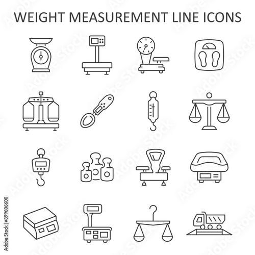 Weight measurement device line icon. Vector collection with electronic and mechanical scales, weights, weigher, industrial scales.