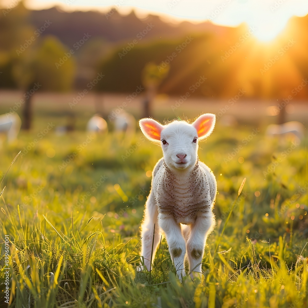 Fototapeta premium Baby lamb playing in a sunny meadow vibrant and joyful farm scene with copy space