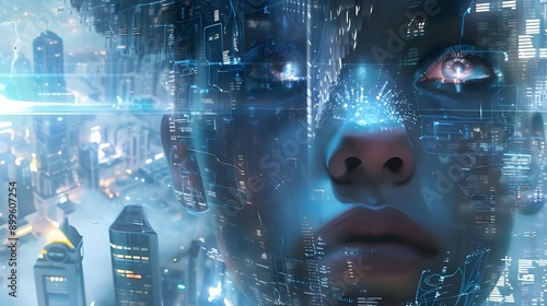 Wallpaper Mural A close-up of a woman's face with streaming digital data and light effects cascading around her, suggesting deep connectivity with digital information and virtual reality. Torontodigital.ca