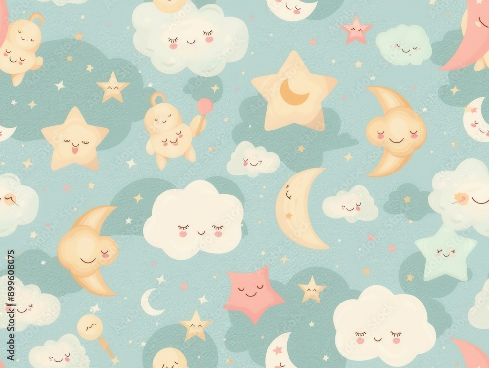 Fototapeta premium Cute pastel night sky pattern with smiling stars, moons, and clouds on a light blue background.